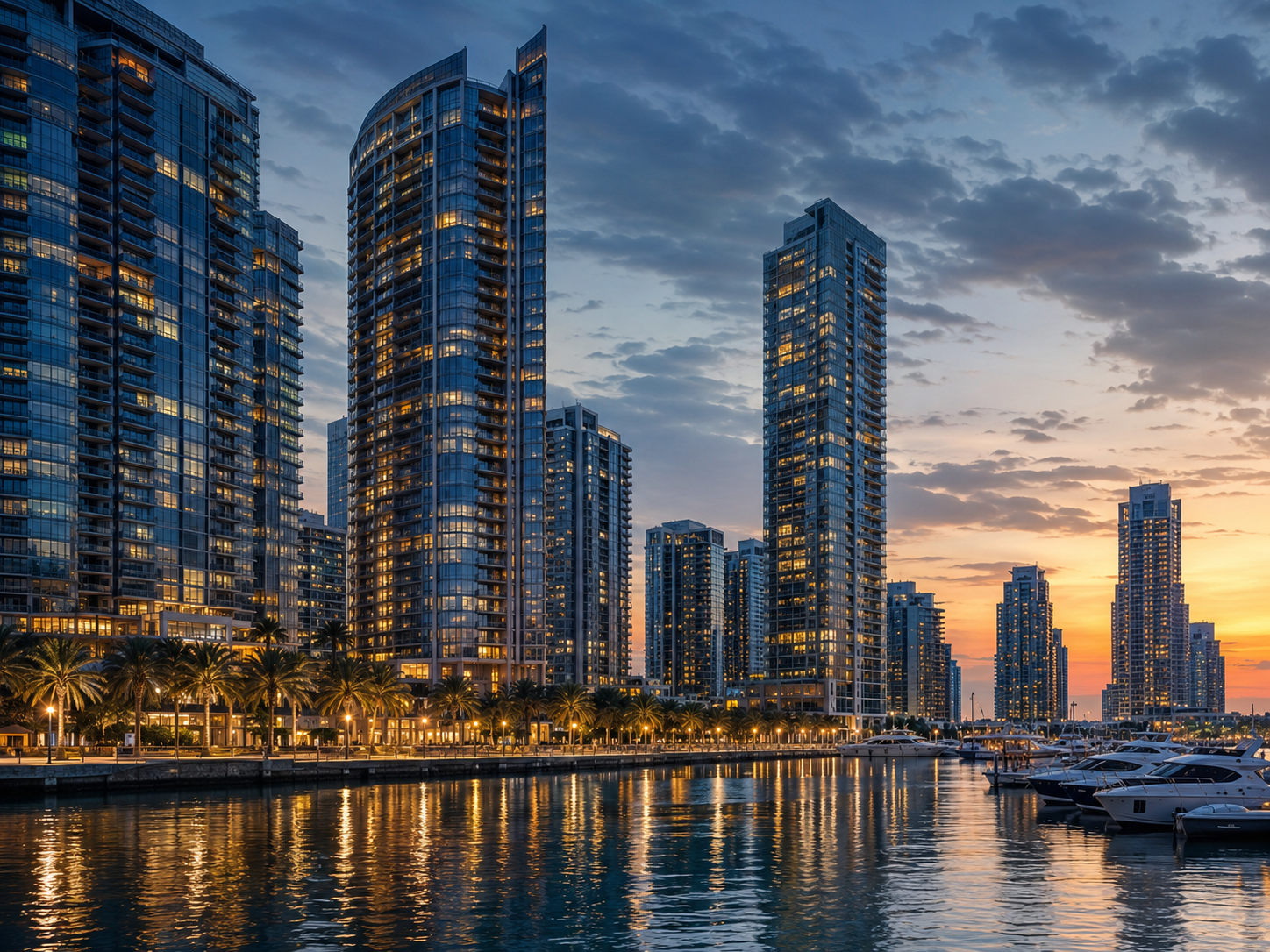 Luxury waterfront skyline development at dusk